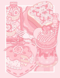 Rule 34 | absurdres, border, bow, bread, cake, candle, candy, candy heart, commentary, cream, cup, cupcake, dessert, floral print, flower, food, food art, food focus, fork, fruit, glass, heart, highres, ice cream, icing, macaron, nekomaru0817, no humans, original, parfait, pastry, pink border, pink bow, pink theme, plaid, plaid bow, plate, rose print, sprinkles, still life, strawberry, strawberry shortcake, sweets, wafer stick