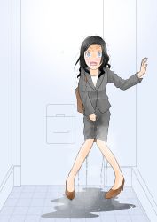 Rule 34 | 1girl, bag, black hair, blue background, blue eyes, blush, brown footwear, buttons, constricted pupils, embarrassed, female focus, flat chest, full body, grey jacket, grey skirt, hair intakes, hand up, have to pee, high heels, highres, indoors, jacket, knees together feet apart, long hair, long sleeves, multicolored eyes, office lady, open mouth, original, peeing, peeing self, pencil skirt, pocket, puddle, shirt, shoes, shoulder bag, skirt, solo, standing, steam, sweat, tears, textless version, toast (pixiv 8606143), trembling, v-shaped eyebrows, wavy hair, white shirt, wide-eyed, yellow eyes, yellow pupils