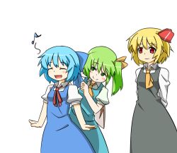 Rule 34 | 3girls, arms behind back, blonde hair, blue hair, blush, bow, cirno, closed eyes, daiyousei, green eyes, green hair, hair bow, hair ribbon, hairdressing, height difference, hihachi, multiple girls, musical note, necktie, ribbon, rumia, side ponytail, simple background, smile, touhou, white background