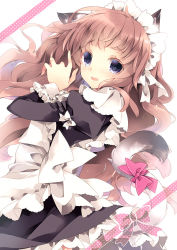 Rule 34 | 1girl, animal ears, blue eyes, blush, bow, brown hair, cat ears, cat tail, from side, long hair, long sleeves, looking at viewer, maid, maid headdress, mizuki (hmndk), original, parted lips, pink bow, polka dot, puffy long sleeves, puffy sleeves, solo, tail, wavy hair, white background