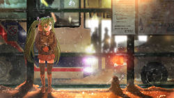 Rule 34 | 1girl, bad id, bad pixiv id, boots, bus, bus stop, drink, earmuffs, green eyes, green hair, hatsune miku, highres, matching hair/eyes, motor vehicle, nadezita, real world location, snow, snowing, solo, thighhighs, train station, twintails, vehicle, vocaloid