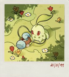 Rule 34 | chikorita, creatures (company), dated, duplicate, flower, from above, game freak, gen 1 pokemon, gen 2 pokemon, grass, highres, holding, holding watering can, nintendo, no humans, orange flower, pokemon, pokemon (creature), red eyes, red flower, smile, squirtle, standing, teletelo, water, watering can, white flower