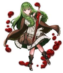 Rule 34 | 1girl, black socks, blush, brown eyes, brown skirt, chyanu, closed mouth, drill hair, full body, green hair, high heels, holding, holding sword, holding weapon, long hair, looking at viewer, original, skirt, smile, socks, solo, sword, twin drills, very long hair, weapon
