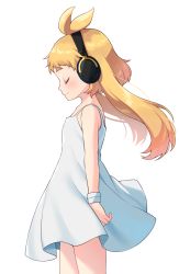 Rule 34 | 1girl, bare shoulders, blonde hair, blush, closed eyes, closed mouth, commission, copyright request, dress, from side, headphones, highres, long hair, profile, sakura chiyo (konachi000), simple background, sleeveless, sleeveless dress, smile, solo, standing, thick eyebrows, very long hair, virtual youtuber, white background, white dress, wristband