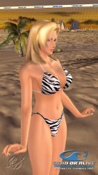 Rule 34 | 1girl, 3d, artist request, ball, beach, bikini, blonde hair, blue eyes, boat, breasts, cleavage, copyright name, cowboy shot, dead or alive, female focus, large breasts, nature, official art, outdoors, palm tree, sailboat, sky, solo, swimsuit, tecmo, tina armstrong, tree, volleyball (object), volleyball net, watercraft