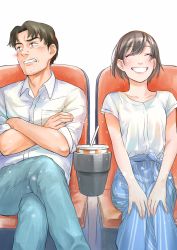 Rule 34 | 1boy, 1girl, black hair, blush, cup, disposable cup, drink, drinking straw, embarrassed, closed eyes, facial hair, fujita nao, grin, happy, highres, nohara tao, official art, okuda ippei, seat, short hair, sitting, smile, stubble, suiyoubi no cinema
