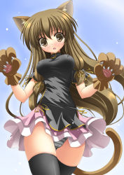 Rule 34 | 1girl, animal ears, animal hands, black shirt, black thighhighs, blouse, blush, breasts, brown eyes, brown hair, cat ears, cat tail, china dress, chinese clothes, covered erect nipples, dress, from below, large breasts, lolita fashion, looking down, miniskirt, original, panties, qi lolita, rappa (rappaya), shirt, skirt, solo, striped clothes, striped panties, tail, thighhighs, underwear