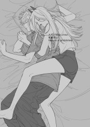 Rule 34 | 1boy, 1girl, ajo cnsw, bed, chainsaw man, closed eyes, denji (chainsaw man), drooling, grey hair, grey shirt, greyscale, highres, horns, hug, hug from behind, long hair, lying, messy hair, monochrome, on side, open mouth, pillow, power (chainsaw man), saliva, shirt, short hair, shorts, sleeping, twitter username, white shirt