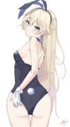 Rule 34 | 1girl, absurdres, adjusting clothes, adjusting leotard, animal ears, ass, black choker, black leotard, blonde hair, blue eyes, calin, character request, check character, choker, cowboy shot, detached collar, from behind, gloves, highres, kantai collection, leotard, long hair, looking at viewer, looking back, playboy bunny, rabbit ears, rabbit tail, shimakaze (kancolle), simple background, solo, tail, white background, white gloves, wrist cuffs