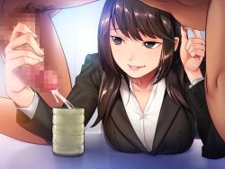 Rule 34 | 1girl, all fours, black eyes, breast rest, breasts, brown hair, business suit, censored, clothed female nude male, cum, cum in container, cum in cup, cup, do s na ol joou sama, drinking glass, ejaculation, erection, eyebrows, formal, game cg, handjob, indoors, large breasts, long hair, looking to the side, mosaic censoring, nana g, nipple stimulation, nipple tweak, nude, original, parted lips, penis, penis milking, sitting, smile, solo focus, suit