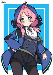 Rule 34 | 1girl, absurdres, ahoge, arknights, artist name, black pantyhose, black shorts, blue background, blue coat, blue eyes, blue poison (arknights), blue vest, blush, border, bright pupils, coat, commentary request, cowboy shot, dot nose, from behind, hand on own hip, hendra, highres, hood, hood up, hooded coat, inset border, long sleeves, looking at viewer, pantyhose, pantyhose under shorts, shirt, shorts, solo, suspenders, vest, white background, white shirt
