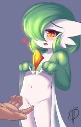 Rule 34 | 1boy, 1girl, artist name, blue background, blush, bob cut, clitoral hood, collarbone, colored skin, cowboy shot, creatures (company), disembodied limb, embarrassed, fingering, flat chest, game freak, gardevoir, gen 3 pokemon, glowing, green hair, green skin, groin, hair over one eye, half-closed eyes, hands up, heart, heart-shaped pupils, highres, legs together, lifted by self, looking down, messy hair, multicolored skin, navel, nintendo, nose blush, one eye covered, open mouth, pokemon, pokemon (creature), pokephilia, pussy, pussy juice, short hair, signature, simple background, solo focus, standing, stomach, symbol-shaped pupils, two-tone skin, white skin, zyleyz
