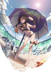 Rule 34 | 1girl, absurdres, anklet, arm up, armpits, bare shoulders, barefoot, beach, beach umbrella, bikini, black bikini, black hair, breasts, day, fisheye, full body, highres, holding, horcrux college, jewelry, leaning forward, lens flare, long legs, looking at viewer, nabi (ybbvgvgvg), navel, official art, outdoors, red eyes, short hair, small breasts, solo, standing, starfish, sun, sunlight, swimsuit, thighs, umbrella, water