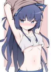 Rule 34 | 1girl, :/, absurdres, armpits, arms up, blue eyes, blue hair, blue skirt, blush, breasts, crop top, elbow blush, embarrassed, groin, highres, long hair, losingmysauce, navel, nose blush, pink background, simple background, skirt, small breasts, solo, touhou, undressing, very long hair, yorigami shion