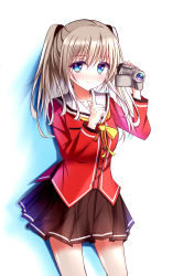 Rule 34 | 10s, 1girl, absurdres, black skirt, blue eyes, camcorder, camera, charlotte (anime), grey hair, hair ornament, highres, holding, holding camera, long hair, pleated skirt, school uniform, simple background, skirt, smile, solo, tomori nao, tongtongtong, video camera, white background