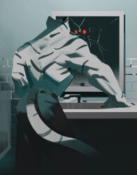 Rule 34 | 1boy, back, bara, belt, black pants, boo fu, brick wall, broken mirror, eye reflection, furry, hand on table, highres, horror (theme), male focus, mirror, muscular, muscular male, original, pants, red eyes, reflection, sink, solo, tiger boy, tiger stripes, topless male