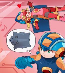 Rule 34 | 1boy, 1girl, 3suisousui, black bodysuit, blonde hair, blue bodysuit, blue helmet, blue jacket, blush stickers, bodysuit, green eyes, heart, helmet, highres, hood, hooded jacket, jacket, leotard, long hair, lying, mega man (series), mega man battle network (series), megaman.exe, musical note, on back, pink helmet, pink leotard, roll.exe (mega man), thought bubble, unworn jacket