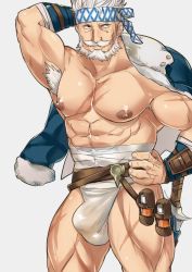 Rule 34 | 1boy, abs, armpit hair, bara, beard, bulge, cerberus arts, collarbone, cowboy shot, facial hair, fundoshi, granblue fantasy, headband, jacket, jacket on shoulders, japanese clothes, large pectorals, looking at viewer, male focus, male underwear, manly, muscular, mustache, nipples, old, old man, pectorals, scar, solo, soriz, thick thighs, thighs, upper body, white male underwear