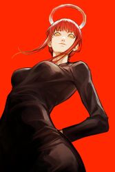 Rule 34 | 1girl, black dress, blood, blood halo, braid, chainsaw man, deka yo, dress, from below, halo, highres, liquid halo, looking at viewer, looking down, makima (chainsaw man), red background, red hair, simple background, solo, standing, taut clothes, taut dress, yellow eyes
