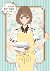 Rule 34 | 1girl, apron, asagi akira (scared rider xechs), blush, brown hair, cake, character name, cookie cutter, copyright name, cup, dessert, english text, food, food on face, fork, holding, holding whisk, igaguriiiii, knife, looking at viewer, measuring cup, mixing bowl, necktie, oven mitts, pot, red neckwear, scared rider xechs, short hair, short sleeves, smile, standing, strawberry shortcake, striped, striped background, whisk, yellow apron