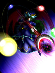 Rule 34 | 1girl, blue dress, blue footwear, blue hat, capelet, chain, collaboration, crescent, danmaku, dress, female focus, glowing, green eyes, green hair, hat, highres, holding, holding weapon, kujira (taiheiyou), layered dress, long hair, long sleeves, matching hair/eyes, mima (touhou), open mouth, orb, shoes, smirk, solo, staff, star (symbol), story of eastern wonderland, sun symbol, touhou, touhou (pc-98), wannyaa, weapon, wings, wizard hat