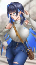 Rule 34 | 1girl, bag, bare shoulders, black-framed eyewear, blue eyes, blue hair, blunt bangs, breasts, colored inner hair, cowboy shot, denim, glasses, hair intakes, handbag, highres, hololive, hololive english, jeans, large breasts, long hair, long sleeves, multicolored hair, official alternate costume, ouro kronii, ouro kronii (casual), pants, skylock, solo, torn clothes, virtual youtuber