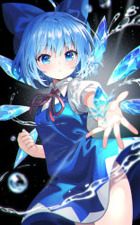 Rule 34 | 1girl, absurdres, black background, blue bow, blue dress, blue eyes, blue hair, blurry, blush, bow, cirno, collared shirt, cowboy shot, cryokinesis, depth of field, detached wings, dress, fairy, hair between eyes, hair bow, highres, hydrokinesis, ice, ice wings, parted lips, puffy short sleeves, puffy sleeves, shirt, short hair, short sleeves, solo, touhou, water, white shirt, wings, yuujin (yuzinn333)
