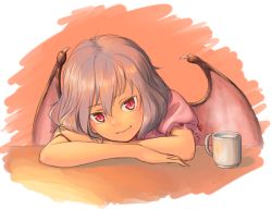 Rule 34 | 1girl, bat wings, crossed arms, cup, dress, fang, kitano (kitanosnowwhite), looking at viewer, pink dress, puffy short sleeves, puffy sleeves, red eyes, remilia scarlet, short sleeves, silver hair, slit pupils, smile, solo, teacup, touhou, upper body, wings