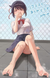 Rule 34 | 1girl, barefoot, black hair, blue skirt, bow, bowtie, brown eyes, commission, day, dorsiflexion, eyelashes, feet, full body, hand up, high-waist skirt, highres, kimi no na wa., knees up, legs, licking, looking at viewer, miniskirt, miyamizu mitsuha, on ground, outdoors, pleated skirt, red bow, red bowtie, rryiup, school uniform, shadow, shirt, short sleeves, sidelocks, sitting, skirt, smell, solo, steaming body, toenails, toes, tongue, tongue out, white shirt
