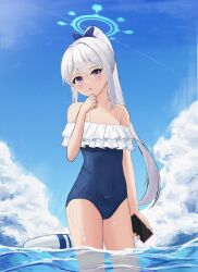 Rule 34 | 1girl, absurdres, blue archive, blue bow, blue halo, blue one-piece swimsuit, blue sky, blush, bow, cellphone, cloud, day, flat chest, halo, highres, holding, holding phone, lamuto art, long hair, miyako (blue archive), ocean, off shoulder, one-piece swimsuit, phone, sky, solo, swimsuit
