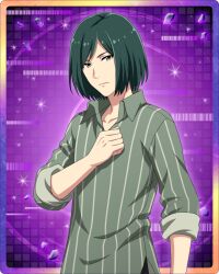 Rule 34 | 1boy, clenched hand, collared shirt, green hair, green shirt, idolmaster, idolmaster side-m, idolmaster side-m growing stars, kiyosumi kuro, male focus, official art, shirt, sleeves rolled up, solo, striped clothes, striped shirt