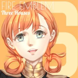 Rule 34 | 1girl, annette fantine dominic, blue eyes, copyright name, eggsding, fire emblem, fire emblem: three houses, hair rings, looking at viewer, nintendo, open mouth, orange background, orange hair, simple background, solo, teeth, twintails