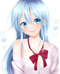 Rule 34 | 10s, 1girl, bad id, bad pixiv id, bare shoulders, blue eyes, blue hair, denpa onna to seishun otoko, female focus, heart, highres, long hair, matching hair/eyes, maya (many pictures), off shoulder, open clothes, school uniform, smile, solo, touwa erio, white background