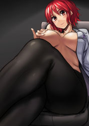 Rule 34 | 1girl, ayakumo, bad id, bad pixiv id, black pantyhose, blazer, breasts, chair, covering nipples, covering privates, crossed legs, highres, horikawa raiko, jacket, large breasts, long sleeves, looking at viewer, midriff, no pants, no shirt, open clothes, open jacket, open shirt, pantyhose, red eyes, red hair, shirt, sitting, smile, solo, thighs, touhou