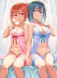 Rule 34 | 2girls, absurdres, aqua eyes, babydoll, bare shoulders, bedroom, black hair, blue bow, blue panties, blunt ends, blush, bow, breasts, cleavage, closed mouth, collarbone, cowboy shot, crossed bangs, curtains, feet out of frame, finger to own chin, groin, hair between eyes, hair ornament, hand on own chest, highres, holding hands, indoors, large breasts, legwear garter, lingerie, long hair, looking at another, medium breasts, michairu, midriff, multiple girls, navel, negligee, on bed, open clothes, open mouth, panties, ponytail, red bow, red panties, short hair, single legwear garter, sitting, smile, stomach, thigh strap, tougou mimori, underwear, underwear only, yuri, yuuki yuuna, yuuki yuuna wa yuusha de aru, yuusha de aru