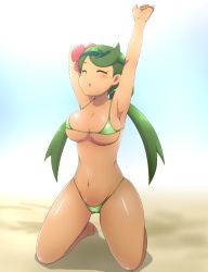 Rule 34 | 1girl, :o, arm behind head, armpits, arms up, bare arms, bare shoulders, barefoot, beach, bikini, blush, breasts, bursting breasts, cameltoe, cleavage, closed eyes, collarbone, creatures (company), dark-skinned female, dark skin, female focus, flower, full body, game freak, gluteal fold, green bikini, green hair, green hairband, groin, hair flower, hair ornament, hair tie, hairband, highres, hip focus, kneeling, large breasts, long hair, low twintails, mallow (pokemon), navel, nintendo, outdoors, parted lips, pokemon, pokemon sm, robert m, sand, shadow, shiny skin, skindentation, solo, stretching, string bikini, swept bangs, swimsuit, thick eyebrows, thighs, trial captain, twintails
