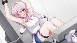 Rule 34 | 1girl, absurdres, ankle socks, armpits, arms up, belt, blue skirt, blush, bound, breasts, commentary request, commission, dutch angle, earrings, high belt, highres, honkai: star rail, honkai (series), jewelry, laughing, layered skirt, looking at viewer, march 7th (feast) (honkai: star rail), march 7th (honkai: star rail), medium breasts, miniskirt, mitarashi38o, official alternate costume, one eye closed, open mouth, purple belt, saliva, single earring, skeb commission, skirt, sleeveless, sleeveless sweater, socks, solo, sweater, thigh strap, tickle torture, tickling, tickling armpits, tickling feet, white skirt, white sleeves, white socks, white sweater