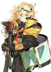 Rule 34 | 1girl, alternate costume, ammunition, aogisa, armor, bad id, bad twitter id, black gloves, black pants, blonde hair, blush, clothes writing, collared jacket, eyewear on head, fabarm sat-8, fingerless gloves, girls&#039; frontline, gloves, goggles, goggles on head, green eyes, gun, hair between eyes, hair ornament, hairclip, highres, holding, holding gun, holding weapon, holographic interface, jacket, long hair, pants, ponytail, s.a.t.8 (girls&#039; frontline), semi-automatic firearm, semi-automatic shotgun, shield module, shotgun, shotgun shell, shotgun speedloader, side ponytail, simple background, smile, solo, wavy hair, weapon, white background
