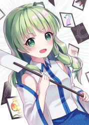 Rule 34 | 1girl, :d, bad id, bad pixiv id, bare shoulders, blue skirt, blush, breasts, commentary request, detached sleeves, dutch angle, emphasis lines, frog hair ornament, gohei, green eyes, green hair, grey background, hair ornament, holding, holding stick, kochiya sanae, long hair, looking at viewer, medium breasts, open mouth, simple background, skirt, smile, snake hair ornament, solo, stick, suzuno naru, touhou, unconnected marketeers, upper body, v-shaped eyebrows, wide sleeves