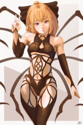 1girl absurdres alternate_costume arthropod_limbs black_bow black_thighhighs blonde_hair bow bug closed_mouth commentary grey_background hair_bow highres hippppodraw kurodani_yamame long_hair navel short_hair spider thighhighs touhou v yellow_eyes