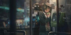 Rule 34 | 1girl, black hair, blazer, blue jacket, blue skirt, blunt bangs, blurry, blurry background, bob cut, brown eyes, chinese commentary, cityscape, commentary, dated, dress shirt, expressionless, face down, glasses, hair strand, highres, holding, holding phone, jacket, looking away, necktie, night, original, payphone, phone, phone booth, plaid, plaid skirt, red neckwear, reflection, scenery, school uniform, shirt, short hair, skirt, solo focus, striped neckwear, sweater vest, talking on phone, tan sweater, white shirt, wudi sao nian