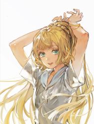 Rule 34 | 1girl, arms up, blonde hair, blunt bangs, braid, creatures (company), french braid, game freak, green eyes, lillie (pokemon), long hair, looking at viewer, nintendo, open mouth, pokemon, pokemon sm, ponytail, school uniform, short sleeves, simple background, solo, teeth, tying hair, white background