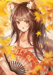 Rule 34 | 1girl, absurdres, animal ears, autumn, blurry, blurry foreground, blush, brown eyes, brown hair, fang, hand fan, highres, holding, holding fan, hymgkamui, japanese clothes, kimono, leaf, long hair, looking at viewer, open mouth, original, solo, tail, wolf ears, wolf girl, wolf tail