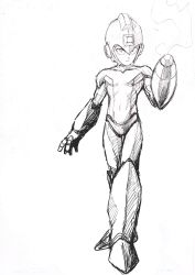 Rule 34 | 1boy, absurdres, android, cannon, closed mouth, expressionless, full body, greyscale, helmet, highres, looking at viewer, male focus, mega man (character), mega man (classic), mega man (series), monochrome, murata yuusuke, sketch, solo, standing, traditional media