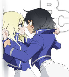 Rule 34 | 10s, 2girls, against wall, andou (girls und panzer), angry, arm grab, bc freedom military uniform, black hair, blonde hair, blue eyes, blue jacket, blue vest, brown eyes, clothes grab, dark-skinned female, dark skin, dirty, dirty face, from side, frown, girls und panzer, grimace, high-waist skirt, jacket, jacket grab, letter, long sleeves, looking at another, multiple girls, oshida (girls und panzer), parted lips, restrained, short hair, simple background, skirt, standing, vest, wata do chinkuru, white background, white skirt, yuri
