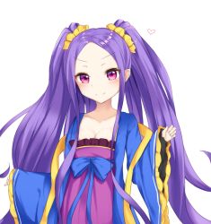 Rule 34 | 1girl, blush, breasts, chinese clothes, cleavage, dress, fate/grand order, fate (series), hair ornament, heart, long hair, pink eyes, purple hair, smile, twintails, wide sleeves, wu zetian (fate)