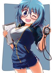 Rule 34 | 1girl, ;d, blue-framed eyewear, blue border, blue eyes, blue hair, blue jacket, blue shorts, border, clipboard, commentary request, cowboy shot, dolphin shorts, highres, holding, holding clipboard, inoue kouji, jacket, long sleeves, looking at viewer, mahou shoujo madoka magica, mahou shoujo madoka magica (anime), miki sayaka, one eye closed, open clothes, open jacket, open mouth, outside border, shirt, short hair, short shorts, shorts, sleeves rolled up, smile, solo, standing, stopwatch, teacher, textless version, track jacket, watch, white shirt