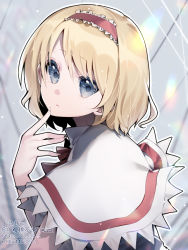 Rule 34 | 1girl, alice margatroid, blonde hair, blue eyes, closed mouth, colorized, fingernails, from side, grey sky, hair between eyes, hairband, hand up, long fingernails, looking at viewer, short hair, sky, solo, touhou, yun (outsidey)