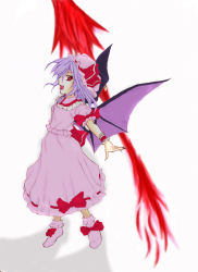 Rule 34 | 1girl, :d, bat wings, blush, dress, female focus, looking at viewer, open mouth, pink dress, polearm, puffy short sleeves, puffy sleeves, red eyes, remilia scarlet, short hair, short sleeves, silver hair, simple background, smile, solo, spear, touhou, vampire, weapon, white background, wings