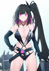 Rule 34 | 1girl, absurdres, architect (girls&#039; frontline), architect (nvw model) (girls&#039; frontline), arm support, artificial eye, bare shoulders, black gloves, black hair, black one-piece swimsuit, breasts, collarbone, elbow gloves, feet out of frame, fingerless gloves, girls&#039; frontline, gloves, hair ornament, hair scrunchie, hand on own hip, highres, jewelry, light blush, long hair, looking at viewer, mechanical eye, medium breasts, multicolored hair, nail polish, navel, necklace, official alternate costume, one-piece swimsuit, open mouth, pink eyes, pink nails, sangvis ferri, scrunchie, side ponytail, simple background, smile, solo, standing, streaked hair, swimsuit, teeth, twitter username, very long hair, wuwuwu (kriswu555)